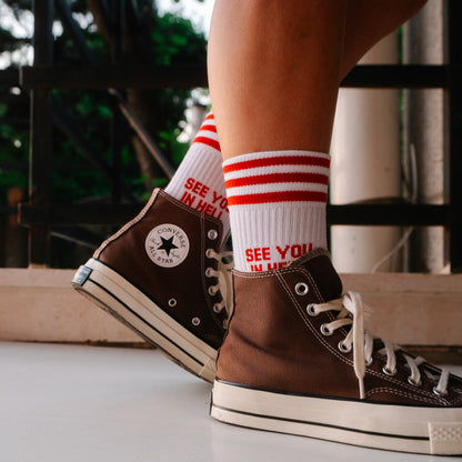 SEE YOU IN HELL RED - WHITE SOCKS